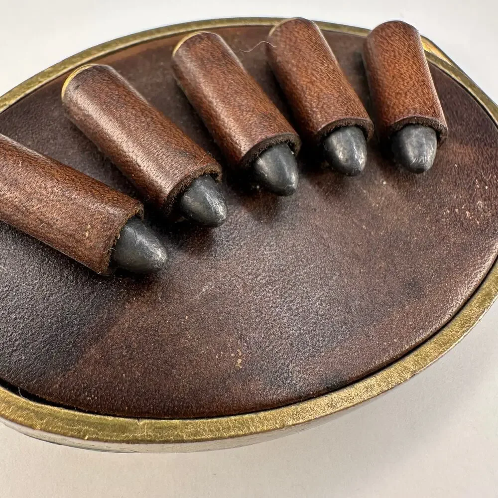 Vintage 1970’s BTS Leather and Brass .22 Caliber Cartridge Slide Belt Buckle